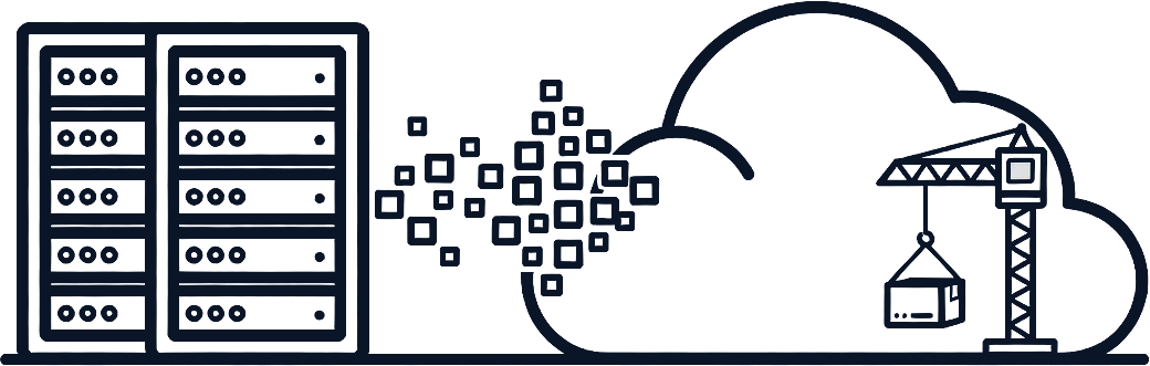 Line art: a datacenter rack dissolving into pixels that rebuild as a cloud under a construction crane