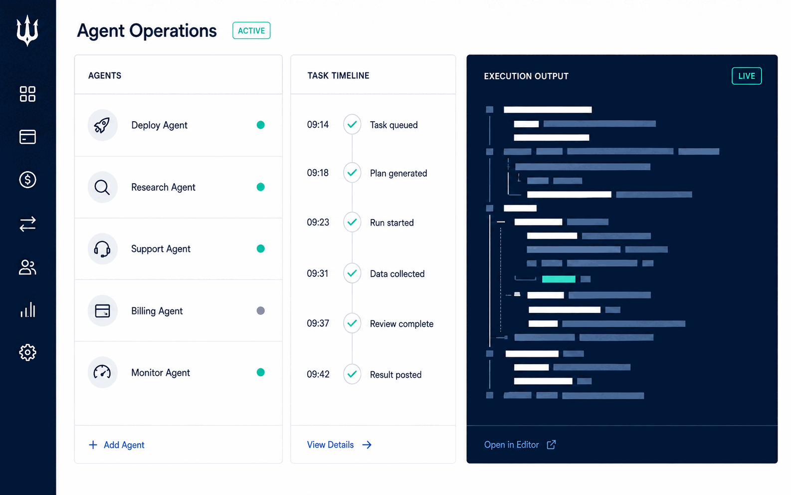 Agent operations dashboard: agent roster, task timeline, and live execution output