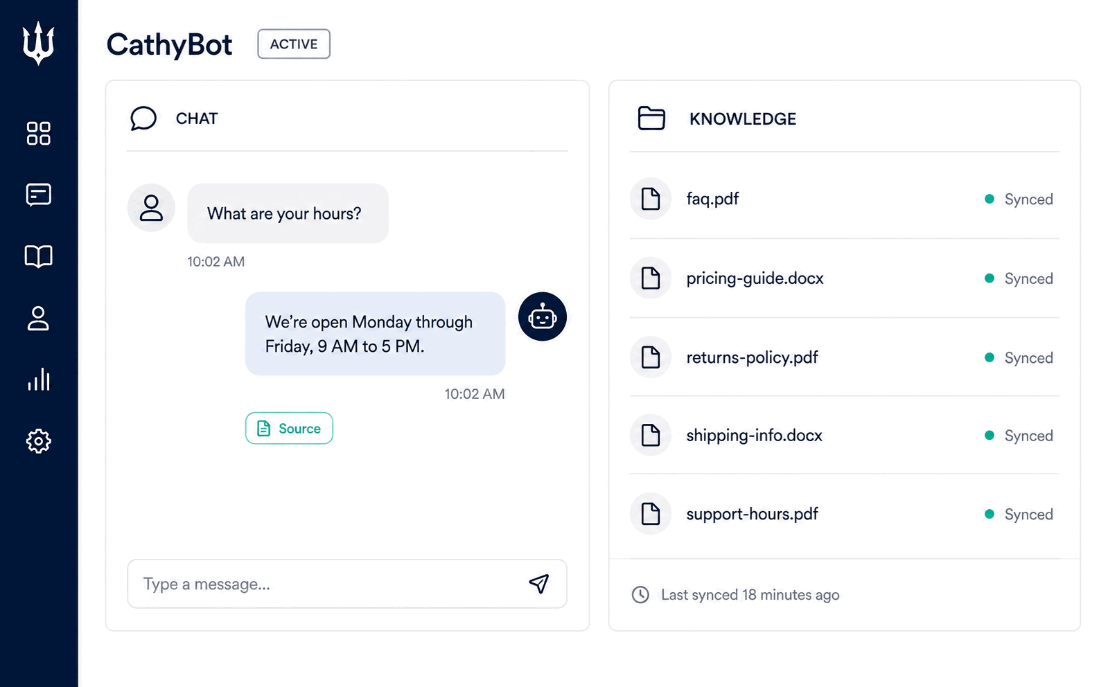 CathyBot dashboard: a live chat answering a customer question beside the synced Google Drive knowledge files