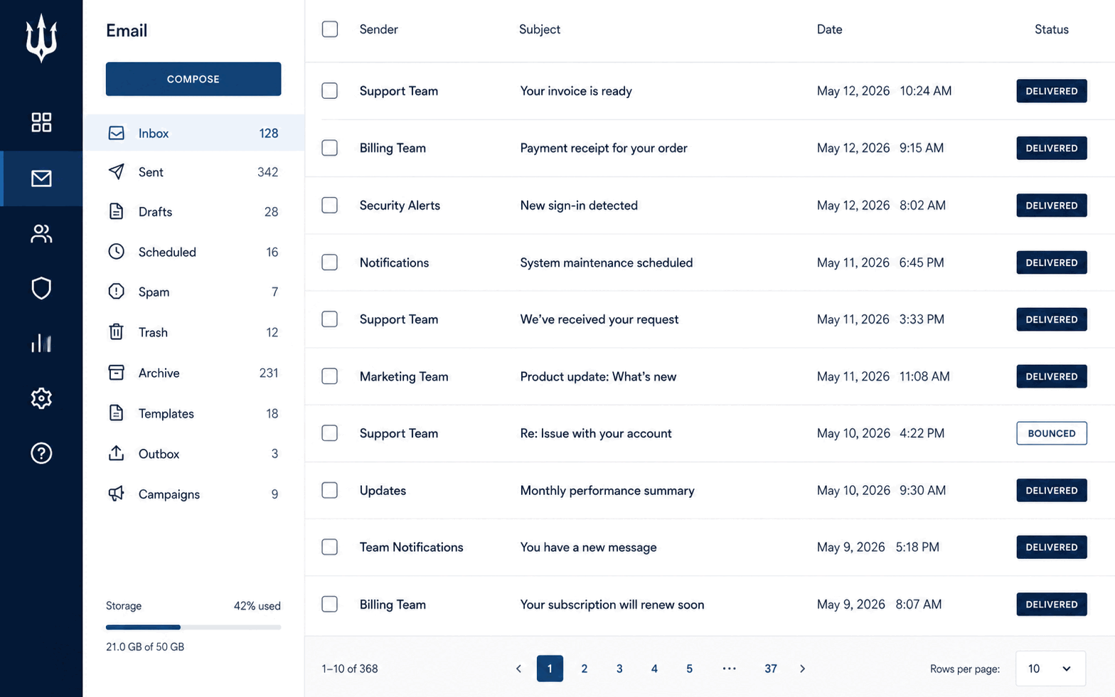 Email dashboard: inbox with per-message delivery statuses, folder list, and storage meter